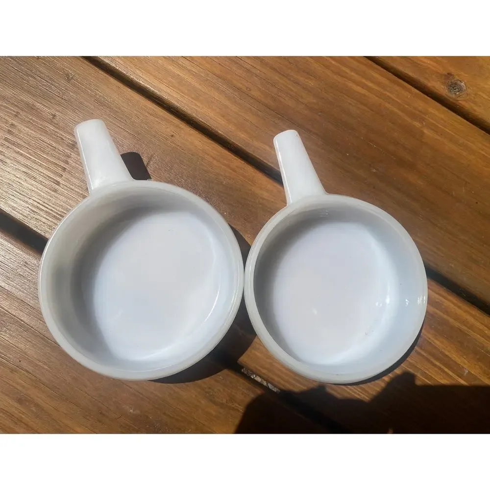 Vintage Glasbake McKee Green Herbs Handled Soup Bowls J-2639 Ovenware Milk Glass